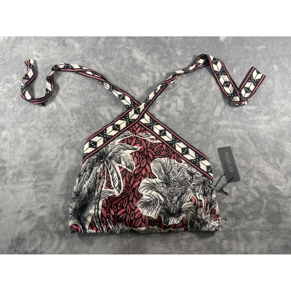 Rachel Zoe Womens Halter Neck Crop Top Tropical Palm Print Burgundy Black Size M